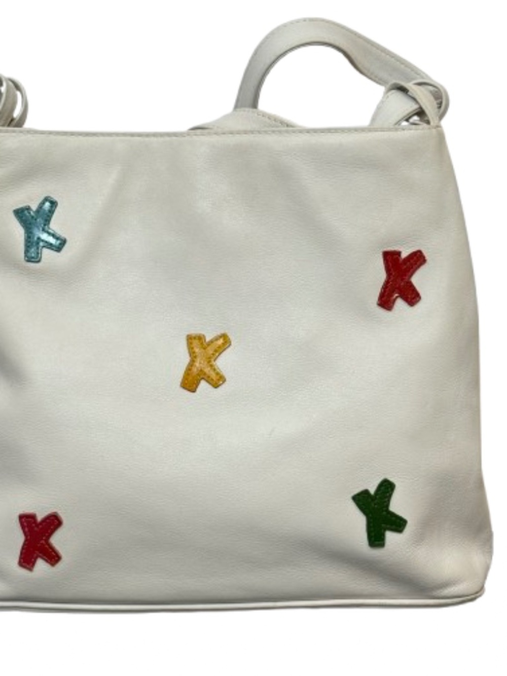 Palmoa Picasso White Leather Purse with Colorful Logo - 9" H x 11.5" W